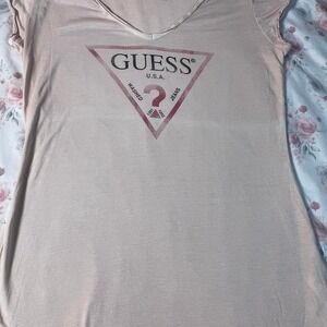 GUESS U.S.A. Logo Triangle V-Neck T-Shirt Women's Large Beige Pink Graphic Tee